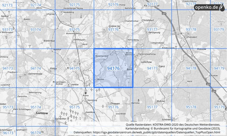 Übersichtskarte des KOSTRA-DWD-2020-Rasterfeldes Nr. 94176