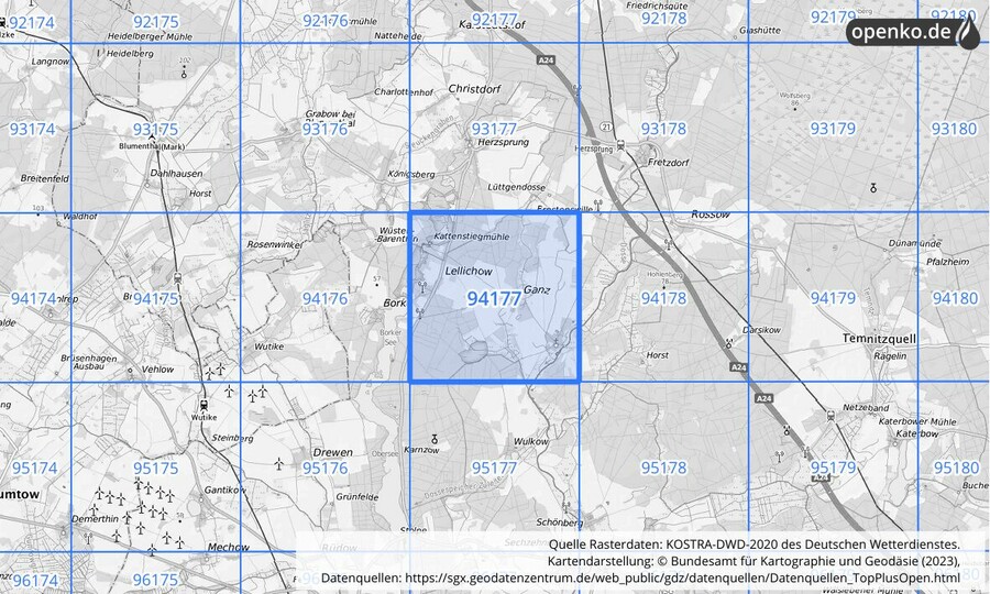 Übersichtskarte des KOSTRA-DWD-2020-Rasterfeldes Nr. 94177