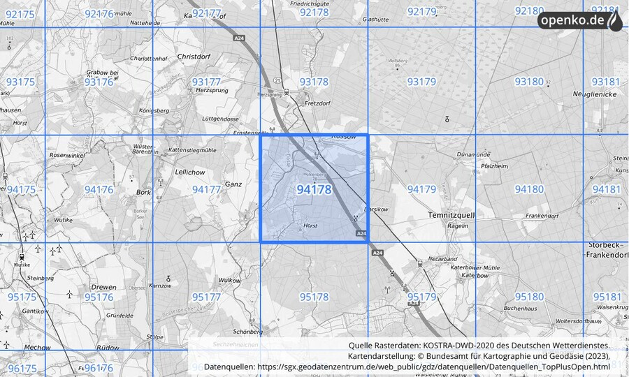 Übersichtskarte des KOSTRA-DWD-2020-Rasterfeldes Nr. 94178