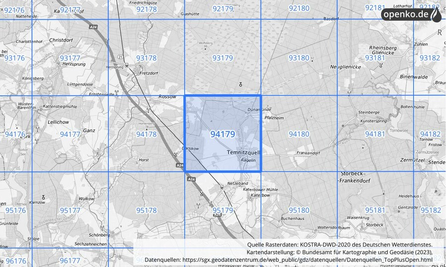 Übersichtskarte des KOSTRA-DWD-2020-Rasterfeldes Nr. 94179