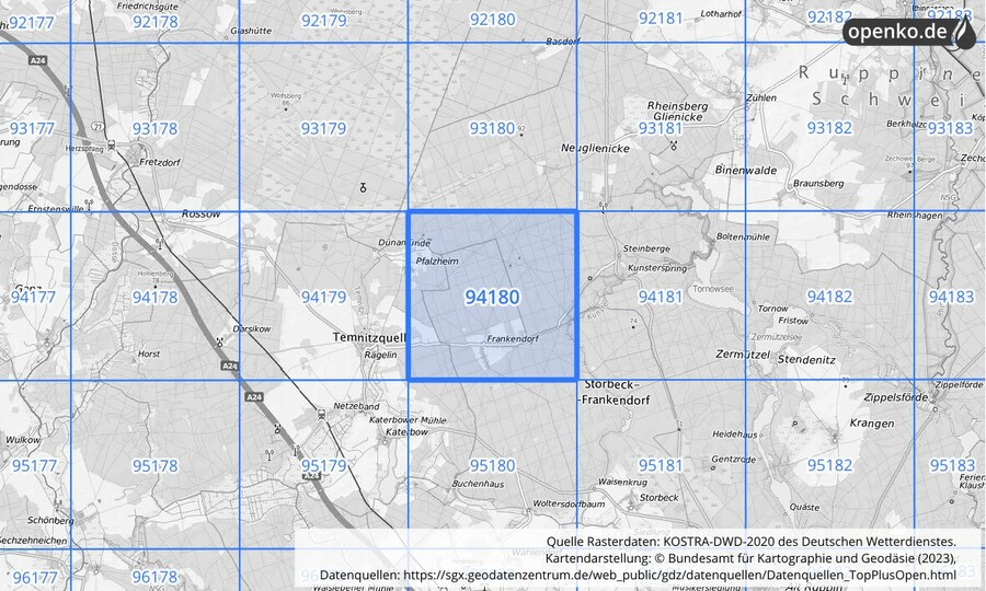 Übersichtskarte des KOSTRA-DWD-2020-Rasterfeldes Nr. 94180