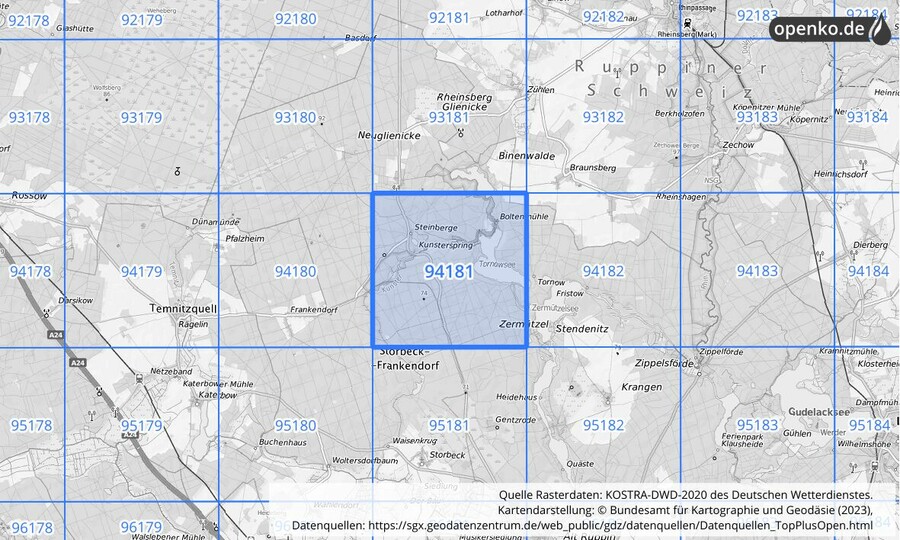Übersichtskarte des KOSTRA-DWD-2020-Rasterfeldes Nr. 94181