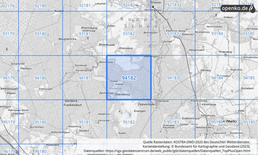 Übersichtskarte des KOSTRA-DWD-2020-Rasterfeldes Nr. 94182