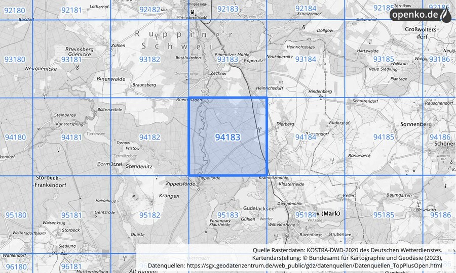 Übersichtskarte des KOSTRA-DWD-2020-Rasterfeldes Nr. 94183