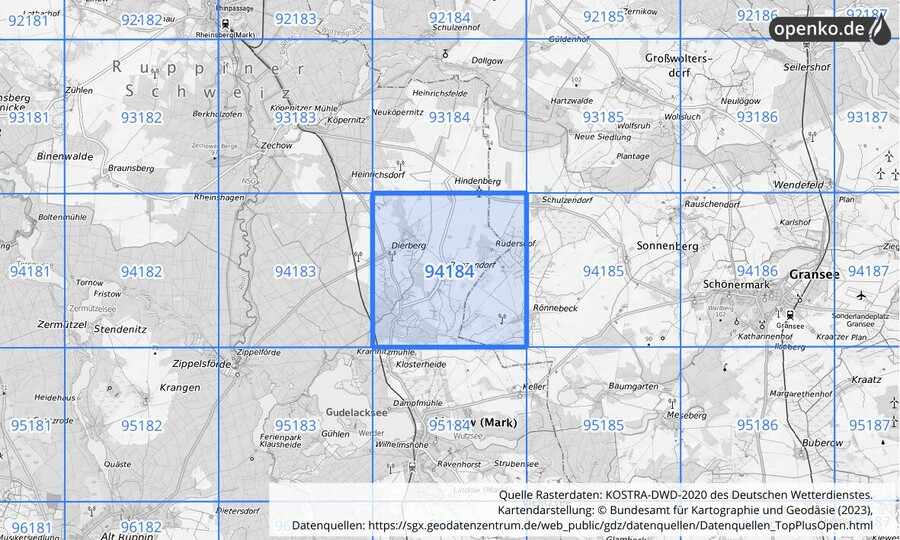 Übersichtskarte des KOSTRA-DWD-2020-Rasterfeldes Nr. 94184