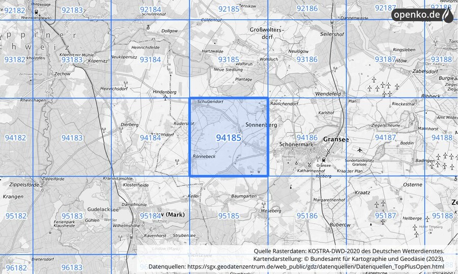 Übersichtskarte des KOSTRA-DWD-2020-Rasterfeldes Nr. 94185