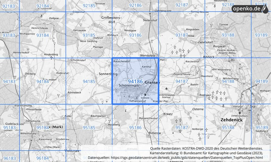 Übersichtskarte des KOSTRA-DWD-2020-Rasterfeldes Nr. 94186