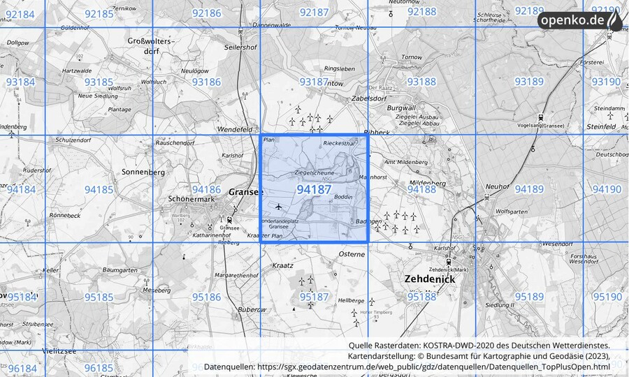 Übersichtskarte des KOSTRA-DWD-2020-Rasterfeldes Nr. 94187