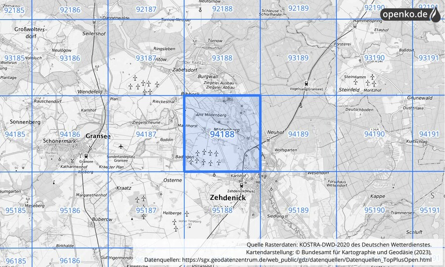 Übersichtskarte des KOSTRA-DWD-2020-Rasterfeldes Nr. 94188