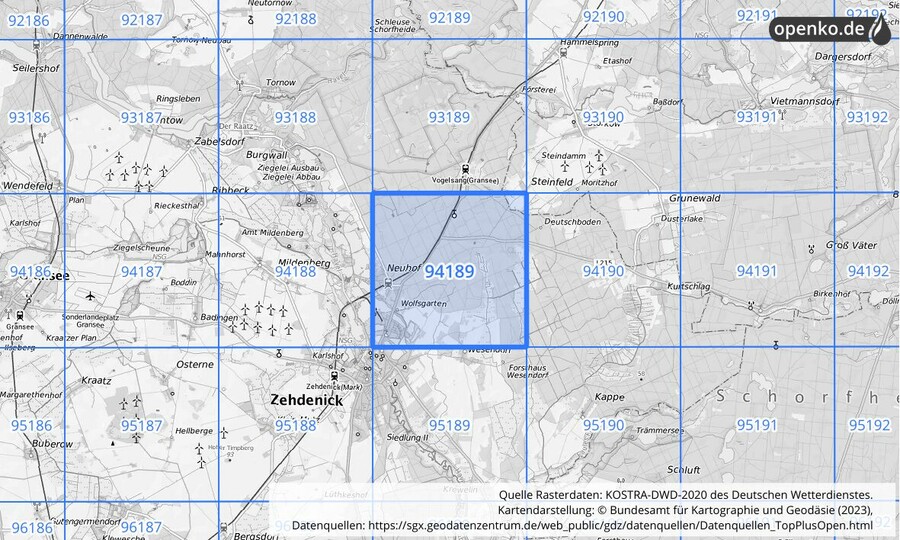 Übersichtskarte des KOSTRA-DWD-2020-Rasterfeldes Nr. 94189