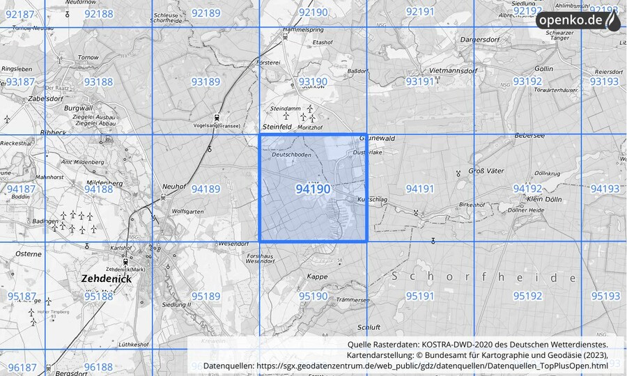 Übersichtskarte des KOSTRA-DWD-2020-Rasterfeldes Nr. 94190