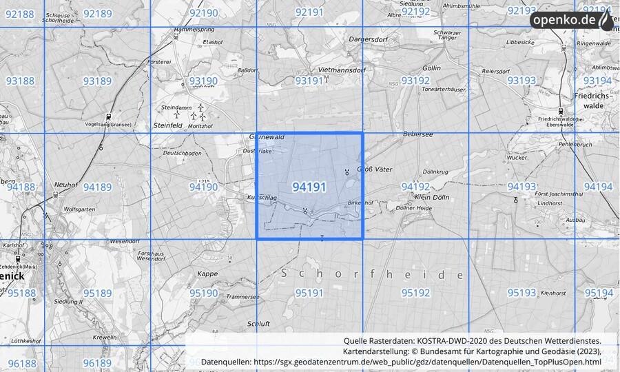 Übersichtskarte des KOSTRA-DWD-2020-Rasterfeldes Nr. 94191