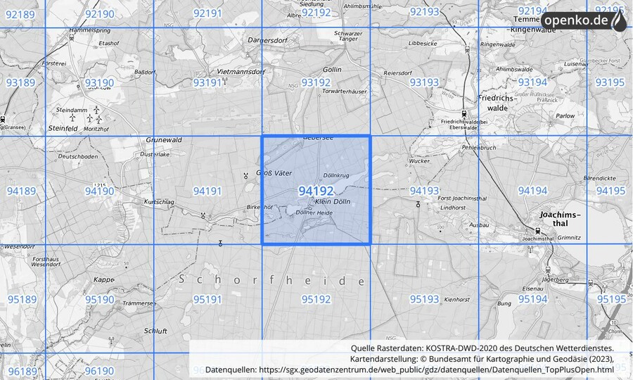 Übersichtskarte des KOSTRA-DWD-2020-Rasterfeldes Nr. 94192