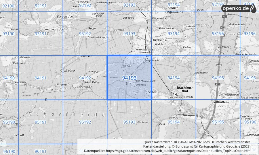 Übersichtskarte des KOSTRA-DWD-2020-Rasterfeldes Nr. 94193