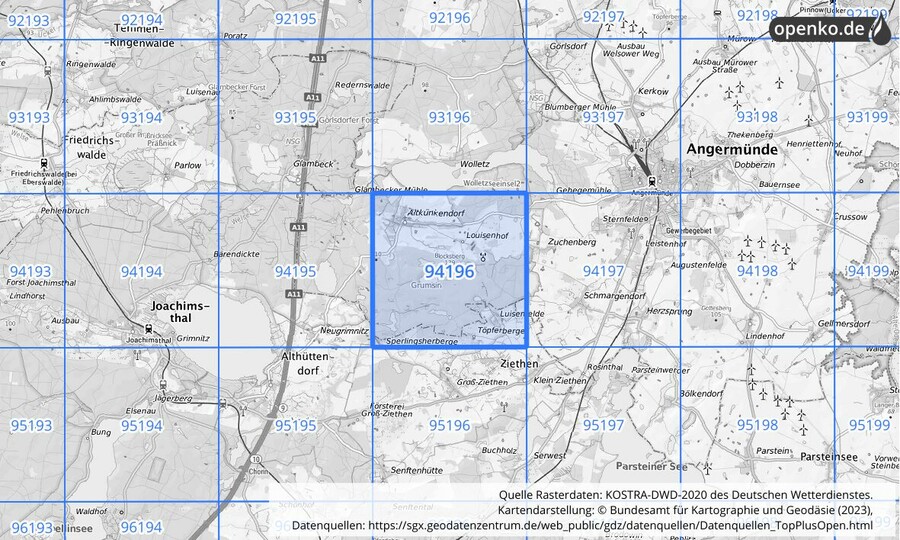 Übersichtskarte des KOSTRA-DWD-2020-Rasterfeldes Nr. 94196