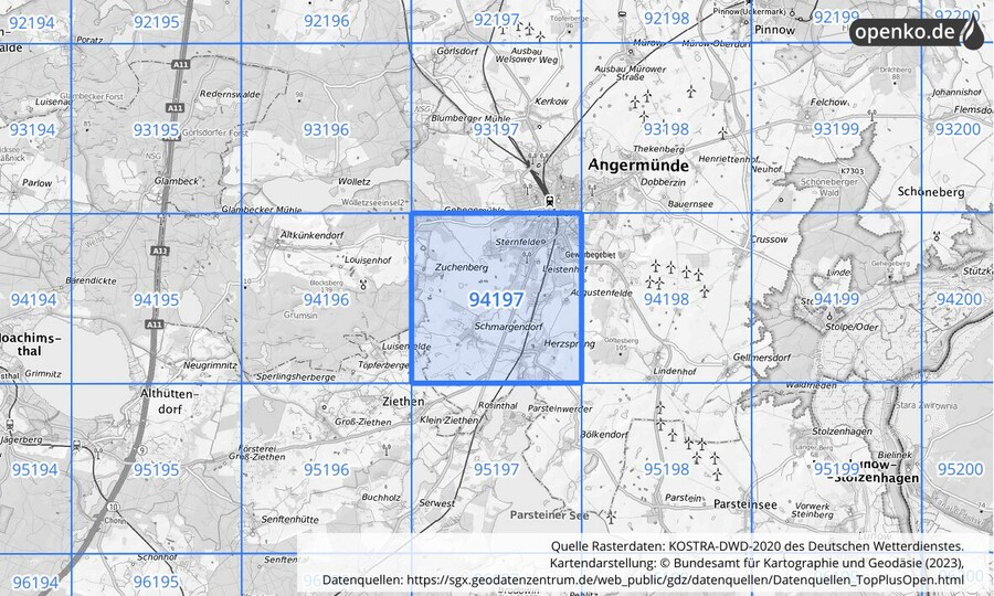 Übersichtskarte des KOSTRA-DWD-2020-Rasterfeldes Nr. 94197