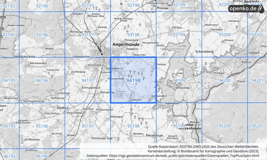 Übersichtskarte des KOSTRA-DWD-2020-Rasterfeldes Nr. 94198