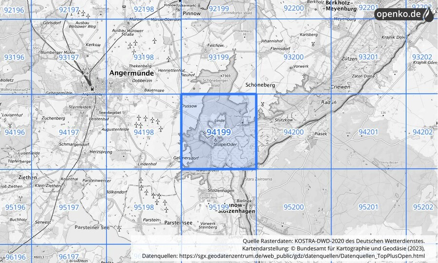 Übersichtskarte des KOSTRA-DWD-2020-Rasterfeldes Nr. 94199