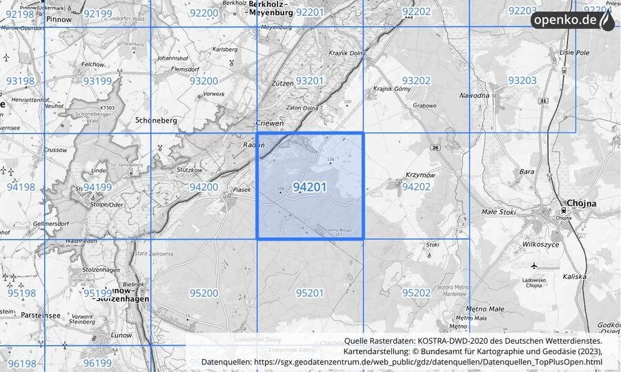 Übersichtskarte des KOSTRA-DWD-2020-Rasterfeldes Nr. 94201