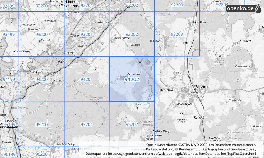 Übersichtskarte des KOSTRA-DWD-2020-Rasterfeldes Nr. 94202