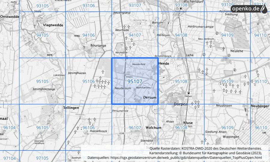 Übersichtskarte des KOSTRA-DWD-2020-Rasterfeldes Nr. 95107