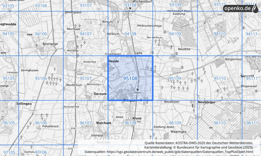 Übersichtskarte des KOSTRA-DWD-2020-Rasterfeldes Nr. 95108
