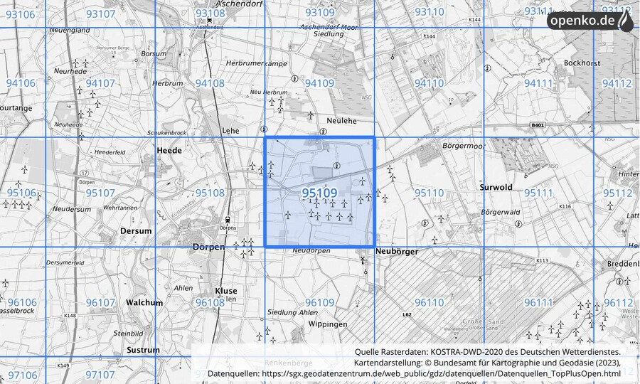 Übersichtskarte des KOSTRA-DWD-2020-Rasterfeldes Nr. 95109