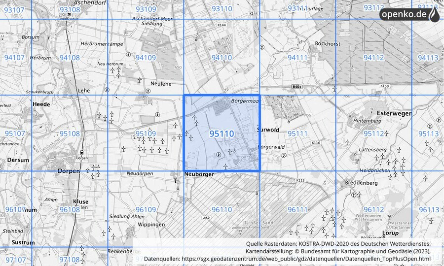Übersichtskarte des KOSTRA-DWD-2020-Rasterfeldes Nr. 95110