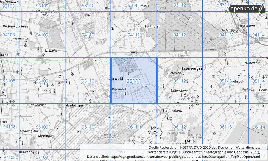 Übersichtskarte des KOSTRA-DWD-2020-Rasterfeldes Nr. 95111