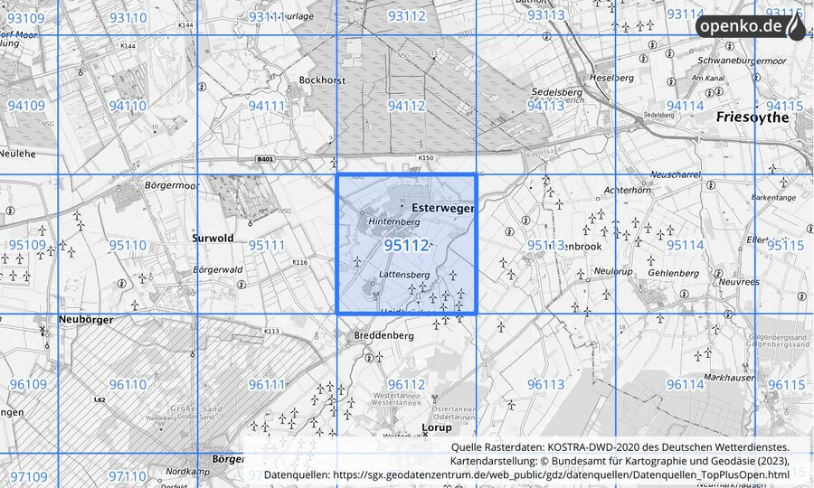 Übersichtskarte des KOSTRA-DWD-2020-Rasterfeldes Nr. 95112