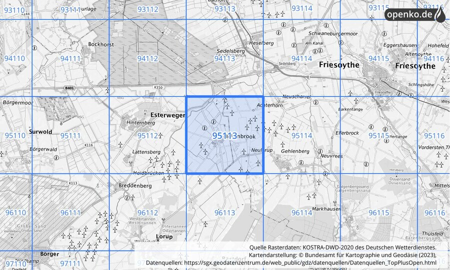 Übersichtskarte des KOSTRA-DWD-2020-Rasterfeldes Nr. 95113