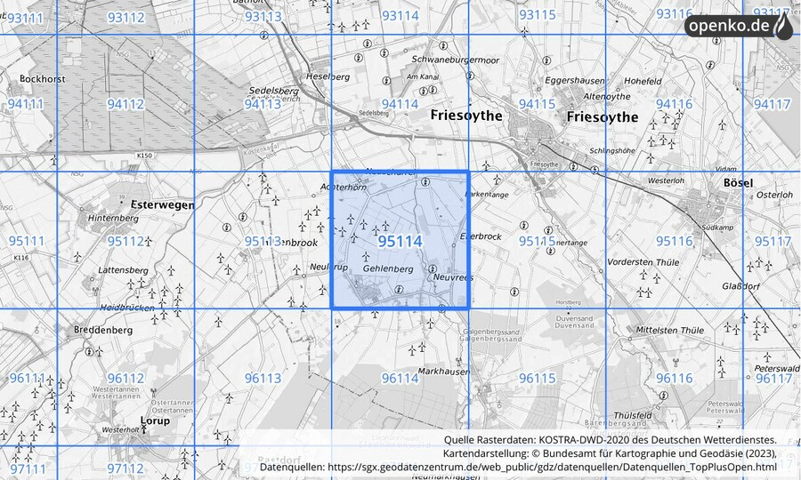 Übersichtskarte des KOSTRA-DWD-2020-Rasterfeldes Nr. 95114