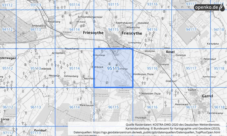 Übersichtskarte des KOSTRA-DWD-2020-Rasterfeldes Nr. 95115