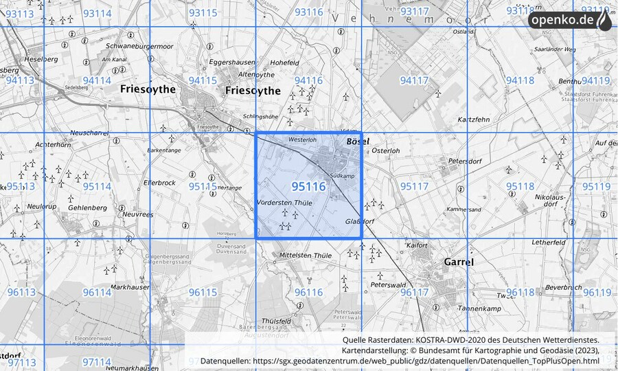 Übersichtskarte des KOSTRA-DWD-2020-Rasterfeldes Nr. 95116