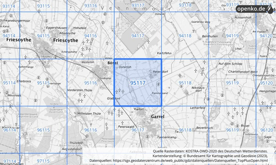 Übersichtskarte des KOSTRA-DWD-2020-Rasterfeldes Nr. 95117