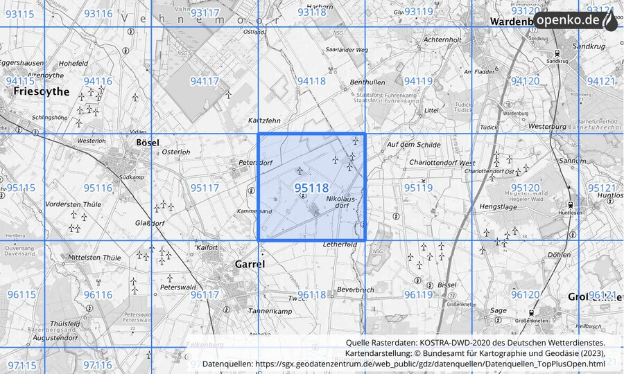 Übersichtskarte des KOSTRA-DWD-2020-Rasterfeldes Nr. 95118
