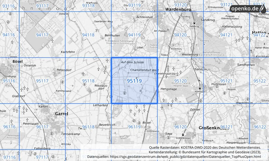 Übersichtskarte des KOSTRA-DWD-2020-Rasterfeldes Nr. 95119