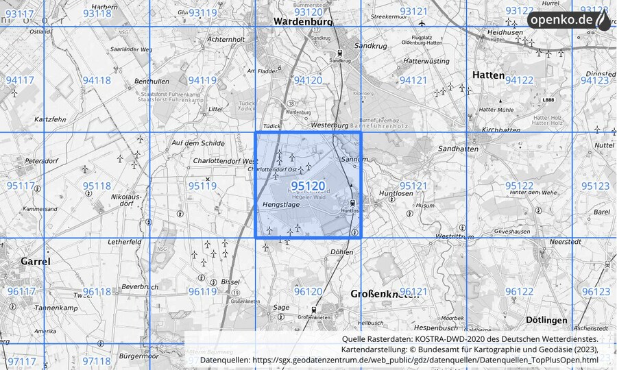 Übersichtskarte des KOSTRA-DWD-2020-Rasterfeldes Nr. 95120