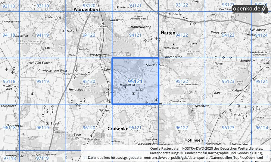 Übersichtskarte des KOSTRA-DWD-2020-Rasterfeldes Nr. 95121