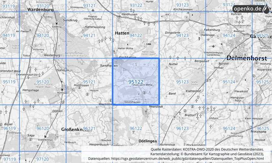 Übersichtskarte des KOSTRA-DWD-2020-Rasterfeldes Nr. 95122