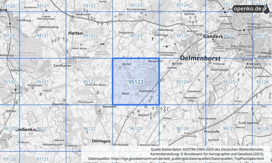 Übersichtskarte des KOSTRA-DWD-2020-Rasterfeldes Nr. 95123