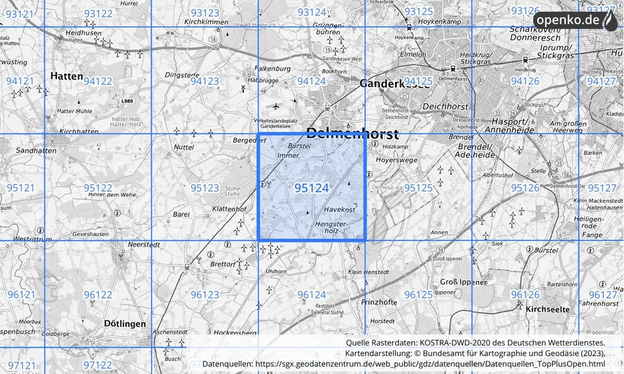 Übersichtskarte des KOSTRA-DWD-2020-Rasterfeldes Nr. 95124