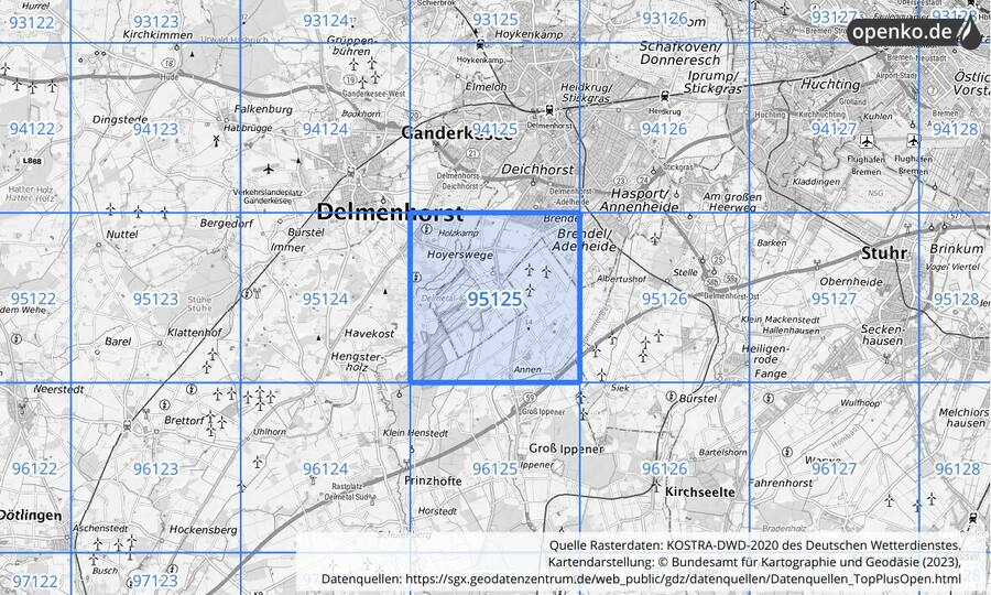 Übersichtskarte des KOSTRA-DWD-2020-Rasterfeldes Nr. 95125