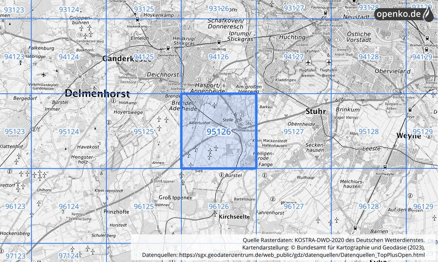 Übersichtskarte des KOSTRA-DWD-2020-Rasterfeldes Nr. 95126