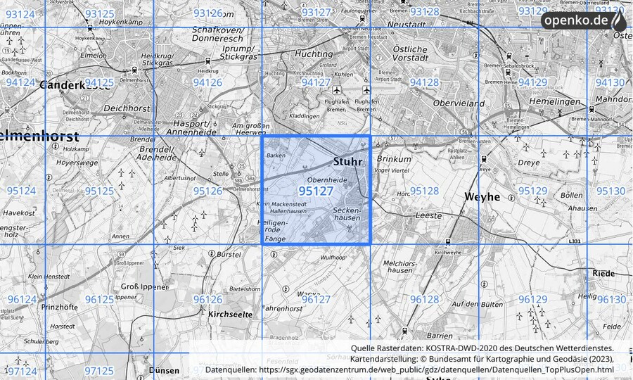 Übersichtskarte des KOSTRA-DWD-2020-Rasterfeldes Nr. 95127