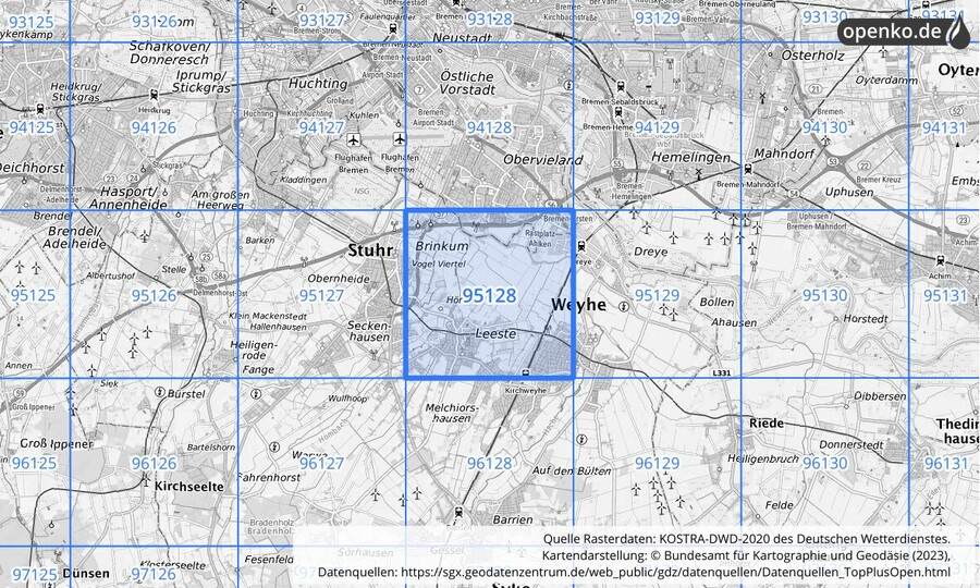 Übersichtskarte des KOSTRA-DWD-2020-Rasterfeldes Nr. 95128