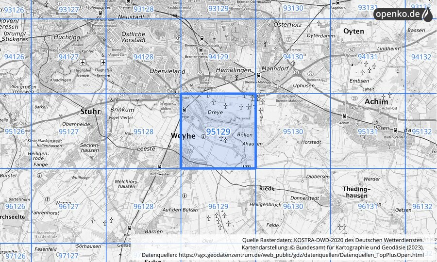 Übersichtskarte des KOSTRA-DWD-2020-Rasterfeldes Nr. 95129