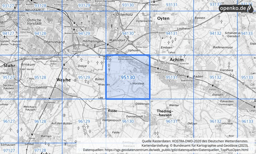 Übersichtskarte des KOSTRA-DWD-2020-Rasterfeldes Nr. 95130