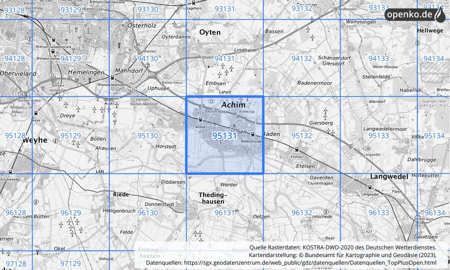 Übersichtskarte des KOSTRA-DWD-2020-Rasterfeldes Nr. 95131