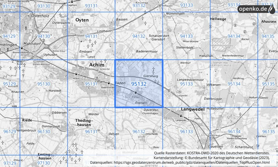 Übersichtskarte des KOSTRA-DWD-2020-Rasterfeldes Nr. 95132